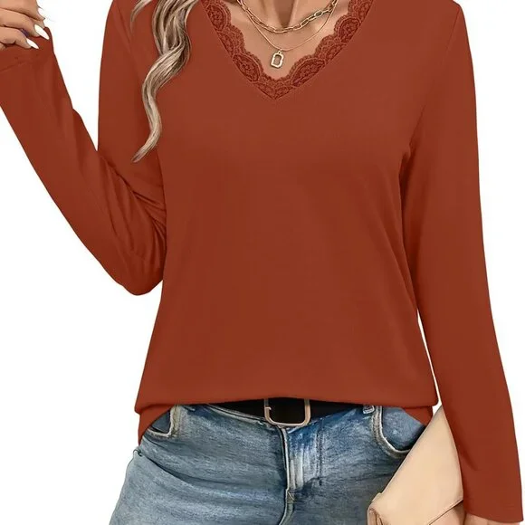 Chic Caramel Lace Trim Long Sleeve Blouse for Women - Perfect for All Occasions