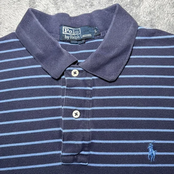 Vintage Y2K Polo Ralph Lauren Men's L Short Sleeve Blue Striped Cotton Shirt