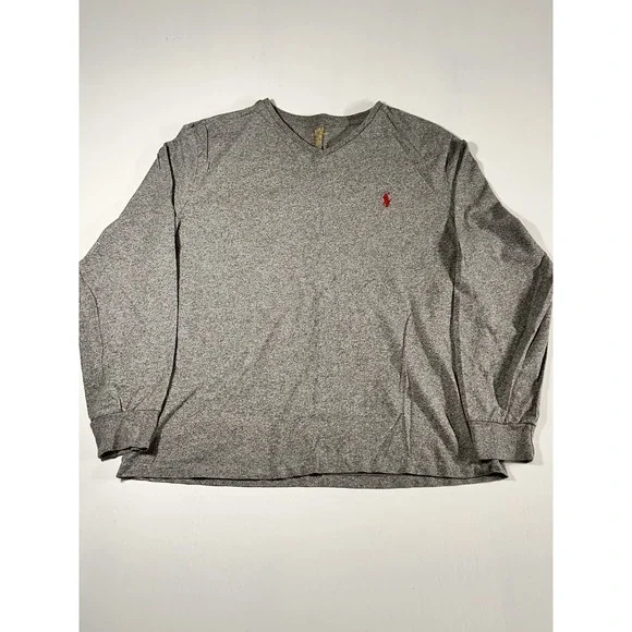 Polo Ralph Lauren Mens Classic Fit Long Sleeve V Neck Tshirt Gray Red Size Large