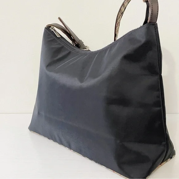 Burberry blue label black nylon tan nova check trim shoulder hobo bag