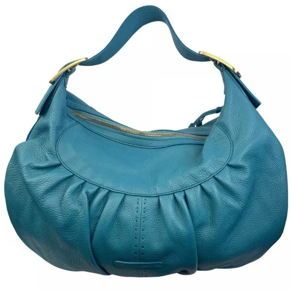 Cole Haan Rouched Large Hobo Turquoise Peacock Blue Pebbled Leather