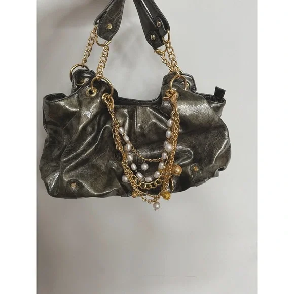 Women's Y2K Slouchy Hobo Patent Leather & Gold Chunky‎ Charm Green Purse Handbag
