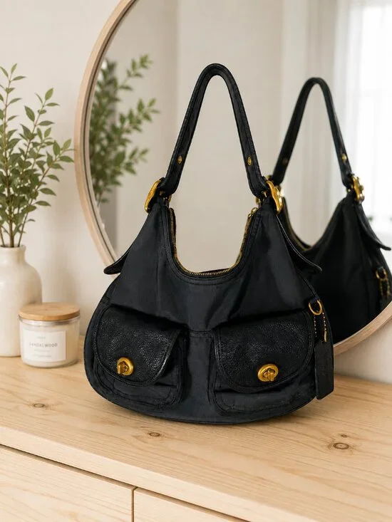 Coach Cargo Hobo Bag Black Nylon Pebble Leather Floral Rose Lining 3171