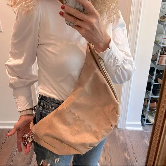 Vintage Hobo Sling Microsuede tan bag handbag bag charms flare studs embellished