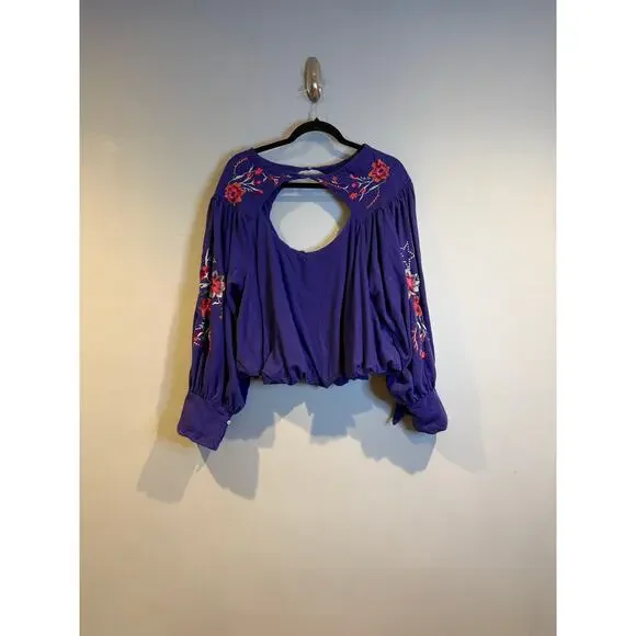 Free People Embroidered Cutout Front Peasant Top