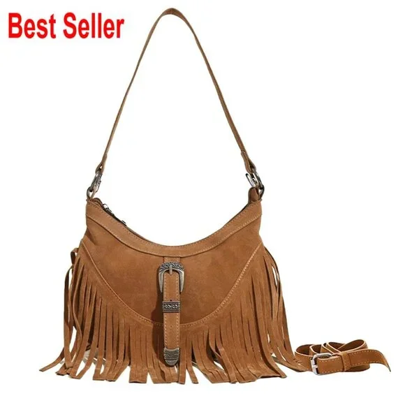 Faux Suede Mini Hobo Crossbody Bag with Fringe & Tassel