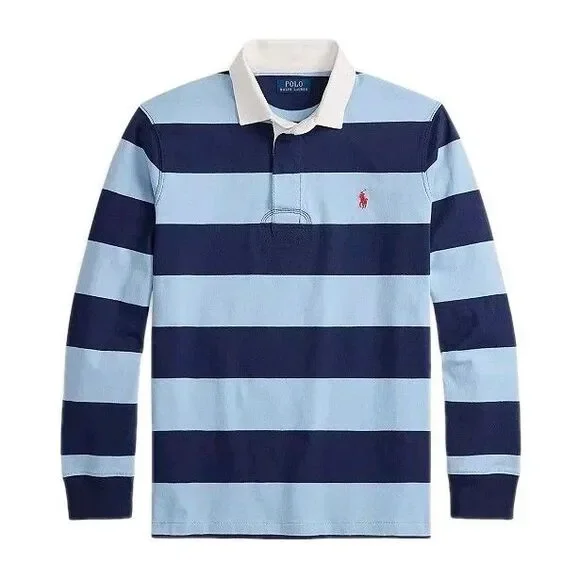 NWT Polo Ralph Lauren Light Blue & Navy Striped Sz Large Mens Rugby Long Sleeve