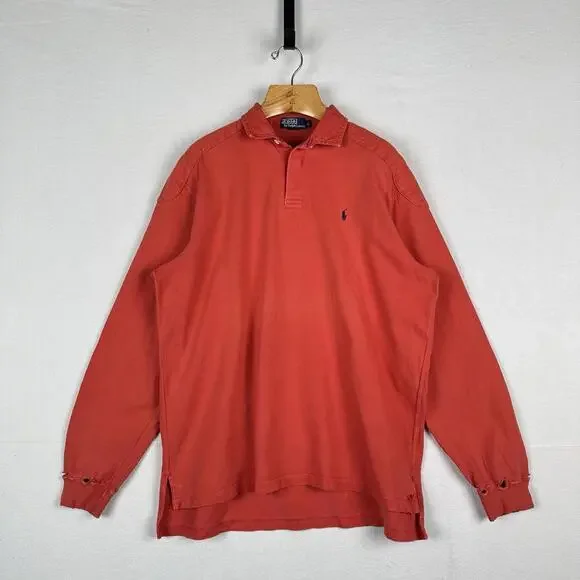 90’s Vtg Polo Ralph Lauren Rugby Shirt Mens L Orange‎ Quilted Elbows *Distressed