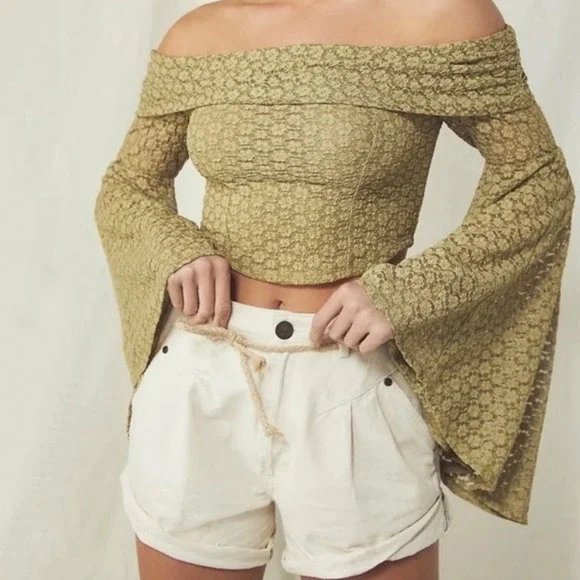 Free People Lace Bell Sleeve Cropped Bohemian Fairy Lola Top Sz S Gold Dust