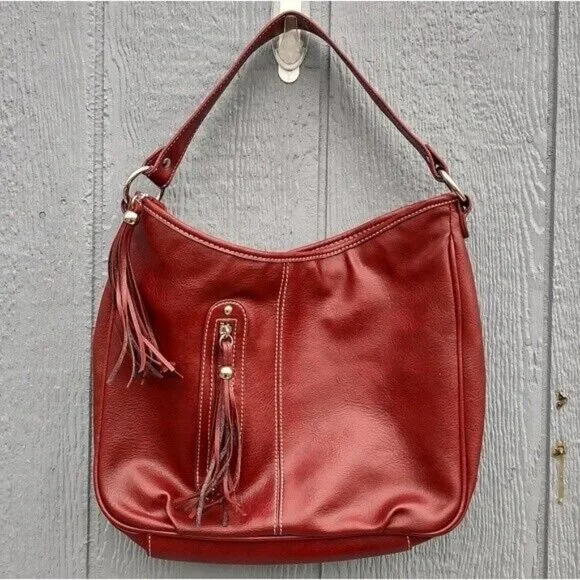 Vintage Nine West Faux Leather Hobo Bag Tassel Red Southwest Shoulder Bag‎