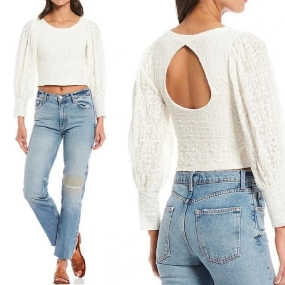 Free People Ivory Lace Puff Sleeve Crop Top with Open Back - Size