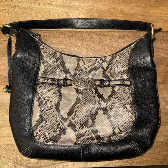 Vintage Brighton Black Pebbled Leather Python-Embossed Hobo Style Shoulder Bag
