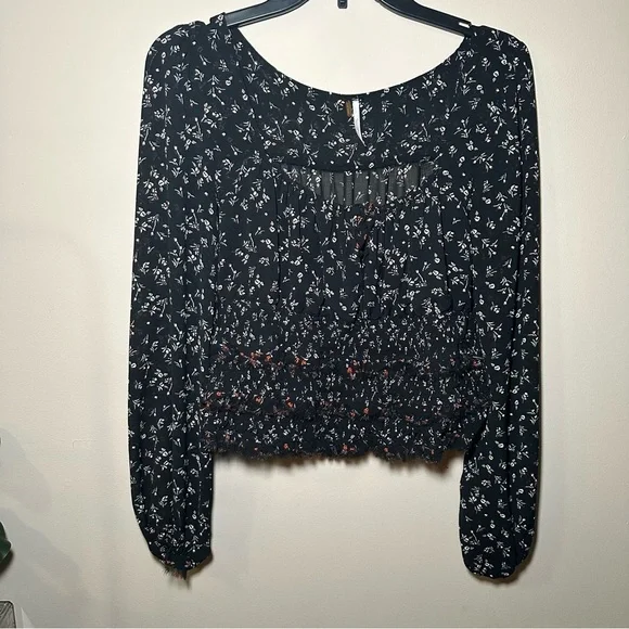 Free People Floral Black Women's Smocked Ruffled Cutout Front Tie Blouse Large