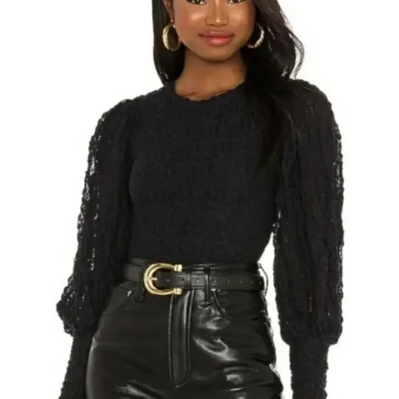 Free People Tea Time Top Black Lace Long Sleeves Size Small NEW