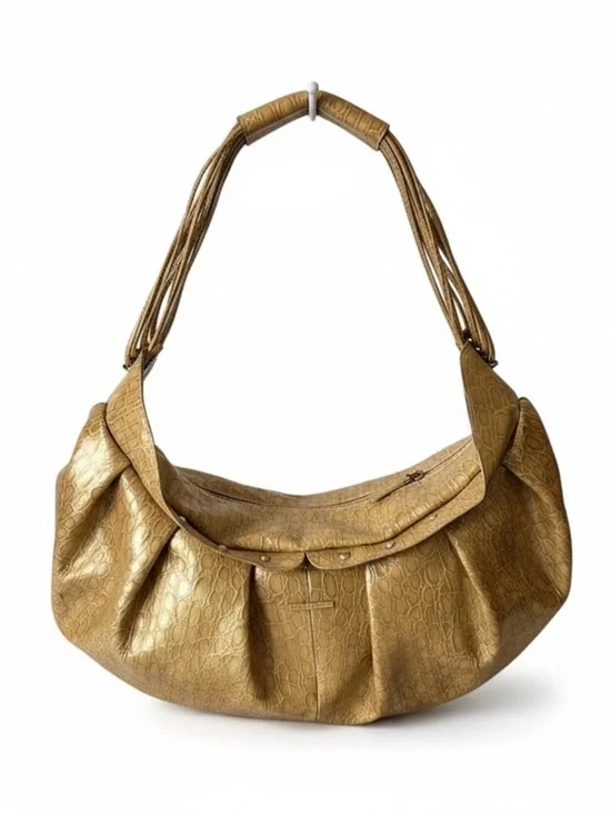 Charlie Lapson Gold Metallic Croc Embossed Shoulder Bag Slouchy Bag