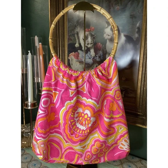 Trina Turk 25th Anniversary Pink Floral Bamboo Handle Hobo Bag Retro Psychedelic