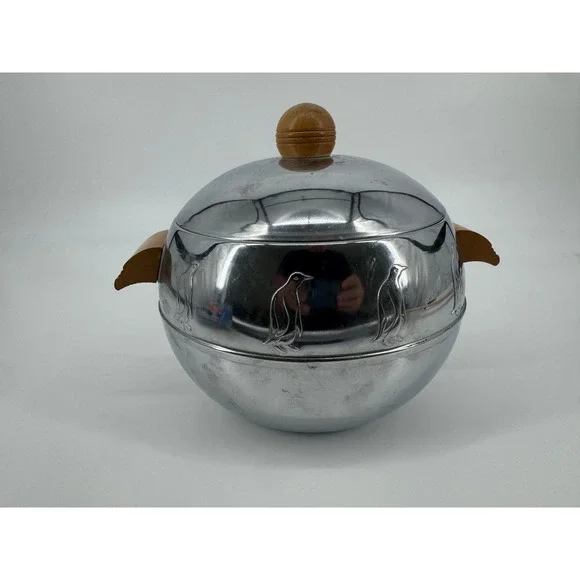 Art Deco Chrome Penguin Ice Bucket Hot Cold Server Wood MCM Vintage West Bend