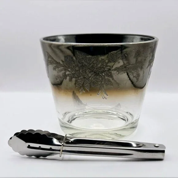Mid Century Glass Ice Bucket With Silver Rim that Ombre Fades & Silver