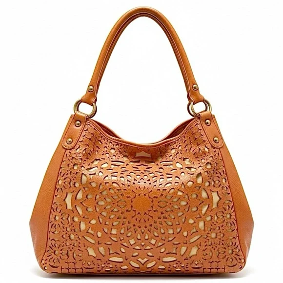 Isabella Fiore Cinnamon Laser Cut Leather Hobo Handbag Bag