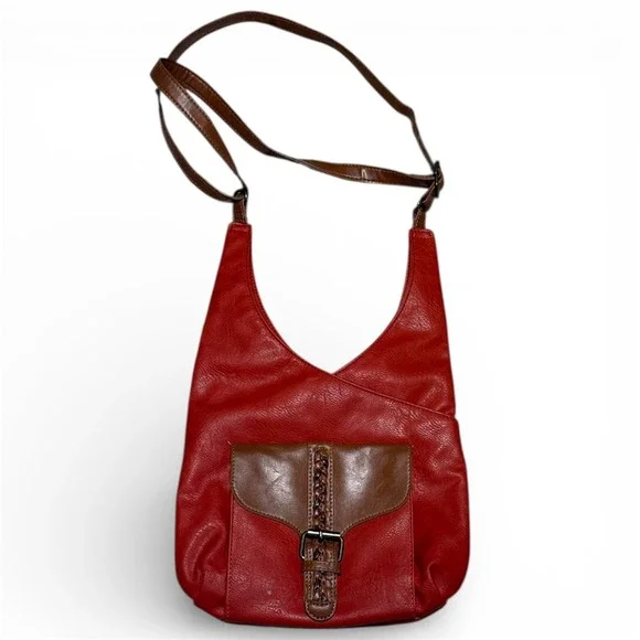 Beuno Crossbody Boho Bag – Red & Brown Three-Compartment Satchel‎