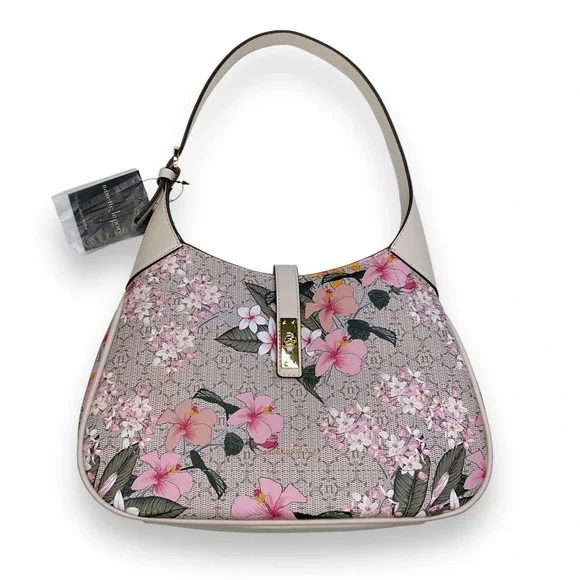 Nanette Purse Pink Beige Floral Logo Short Shoulder Hobo Bag NWT $88