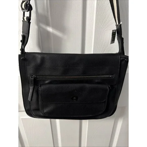Black Faux Leather Cross body Messenger Bag With Magnetic Front Flap GR72