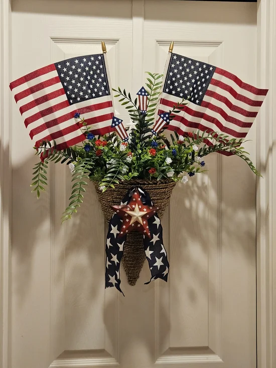 Patriotic American Flag Door Basket Wreath with Stars and Ribbon