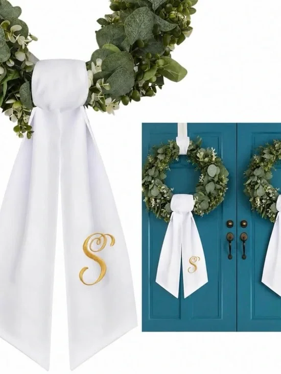White Monogram Wreath Sash -Bow Gold Letter S Monogram New