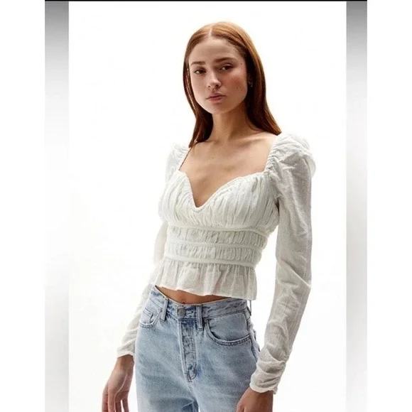 Free People Blouse Top Smocked White Ruffle Hem Boho Babydoll Coquette NWT XL