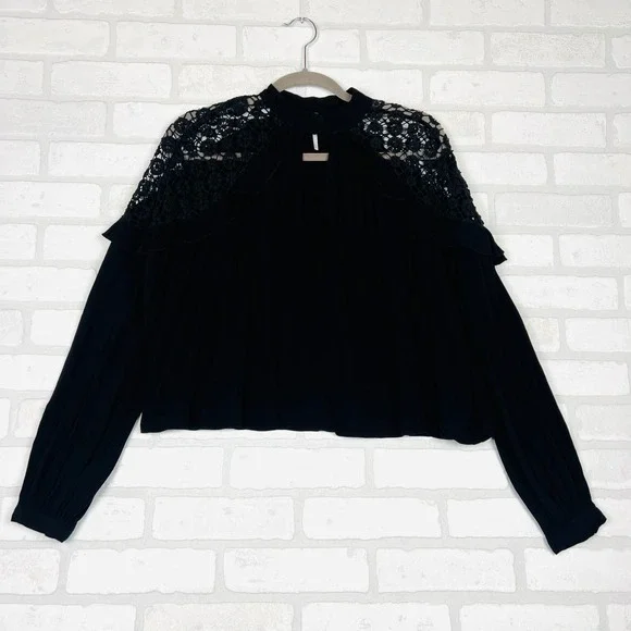 Free People Black Crochet Lace Ruffle Mock Neck Keyhole Blouse XS