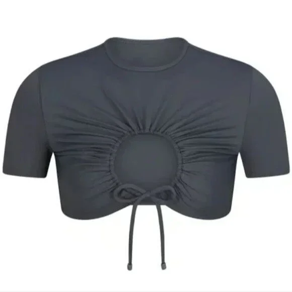 Skims Recycled Swim Size 4X Ruched T-Shirt Crop Top Keyhole Front Gunmetal Gray