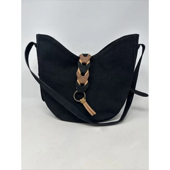 Lucky Brand Hobo Bag Black Genuine Leather Tassel Shoulder Boho Crossbody