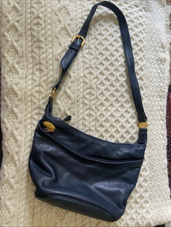 Etienne Aigner Navy Blue Leather Hobo Bag with Gold Hardware