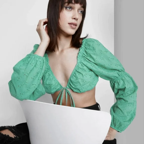 NEW Wild Fable Medium Crop Top Long Sleeve Cotton Teal Green Eyelets