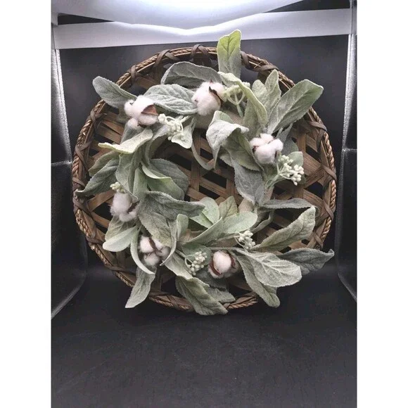 Lambs Ear Cotton Boll Front Door Wreath  18