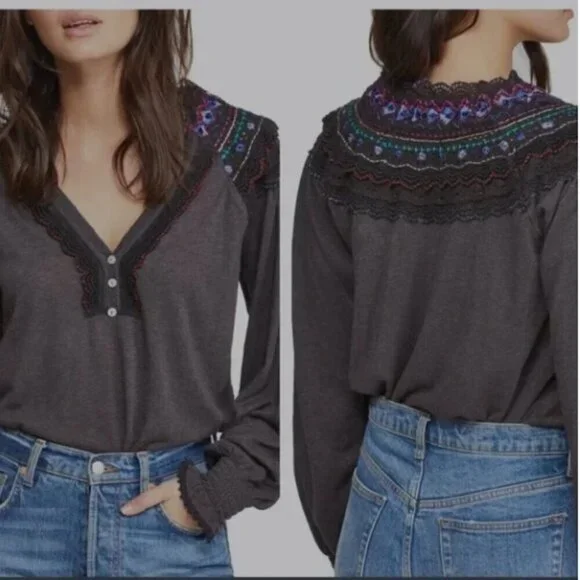 Free People Siesta‎ Fiesta Long Sleeve Boho Y2K Embroidered Top Size Small