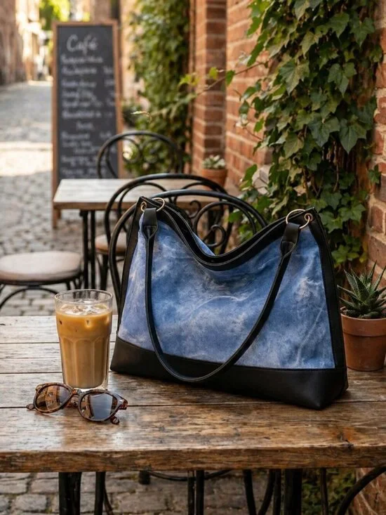 Denim Wash Vegan Leather Hobo Shoulder Bag Blue Black Modern Boho Tote 13in