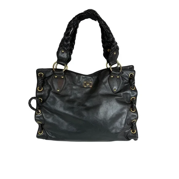 VINTAGE Michael Kors Hobo Bag, Black Leather Woven Leather Handles Gold Hardware