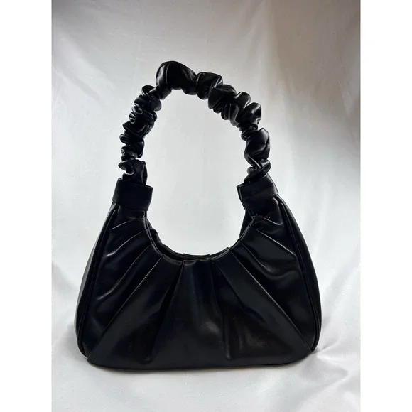 Black Ruched Hobo Shoulder Bag Slouchy Crescent Faux‎ Leather Y2K Baguette Purse