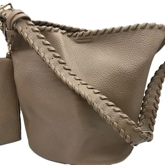 Isabelle Vegan Pebble Leather Brown Hobo Bag Braided Shoulder Strap NWT Wristlet
