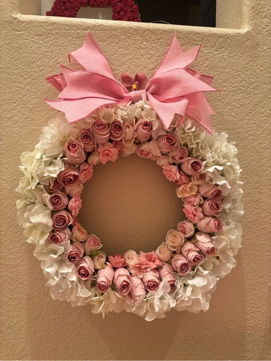 Pink Rose and Hydrangea Holiday Wreath by
