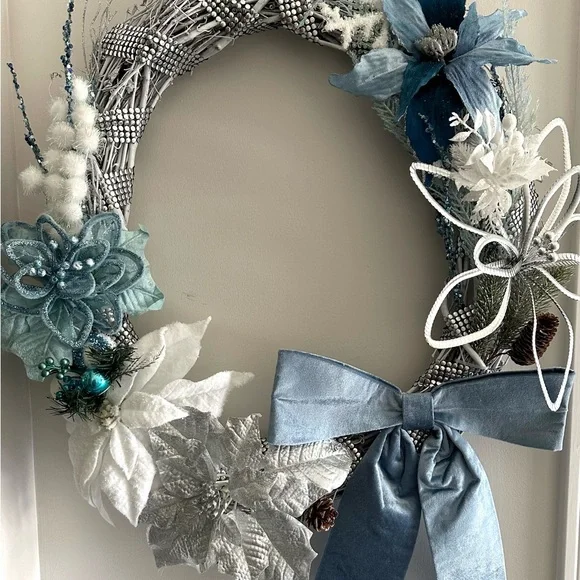 Elegant Blue and Silver Holiday Wreath