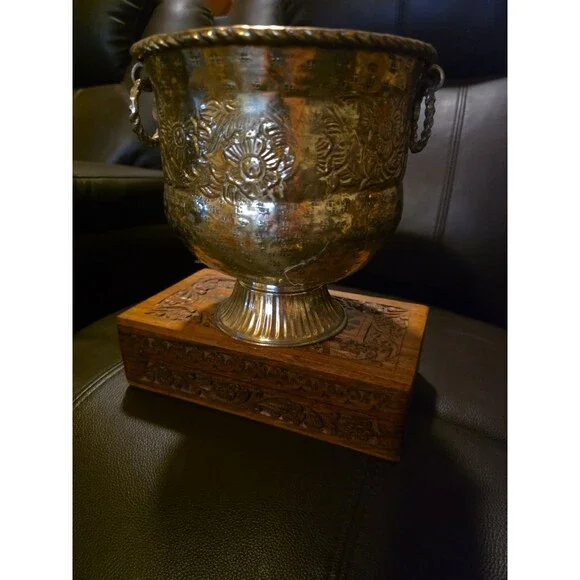 Ice Bucket Antique Brass Hammered Rope Handles