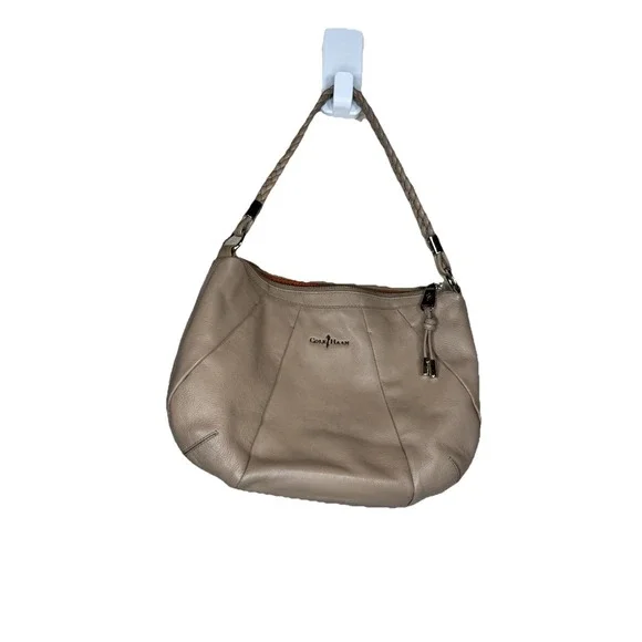 Cole Haan Leather Shoulder Bag Taupe Hobo Purse Braided Strap Slouchy