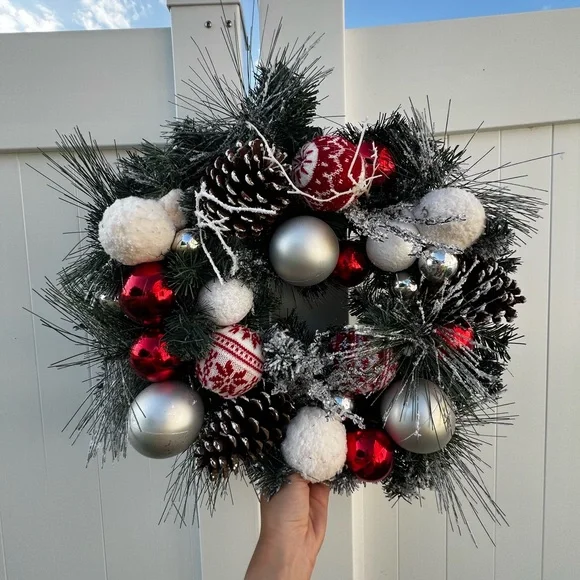 Festive Red and Silver Holiday Wreath (Light up)