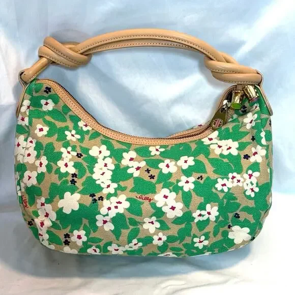 Lilly Pulitzer Green Khaki Floral Hobo Handbag Bag Preppy Vintage Purse