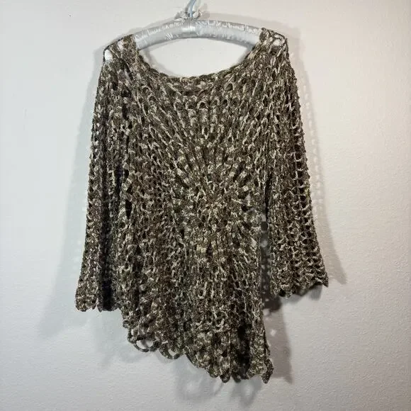 Unbranded Y2K Beige/Tan Crochet Top M/L Asymmetrical Hem Spiral Floral Fairy