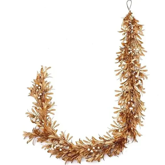 6 Ft Gold Artificial Boxwood Leaf Garland with Pearl White Berry / NIB