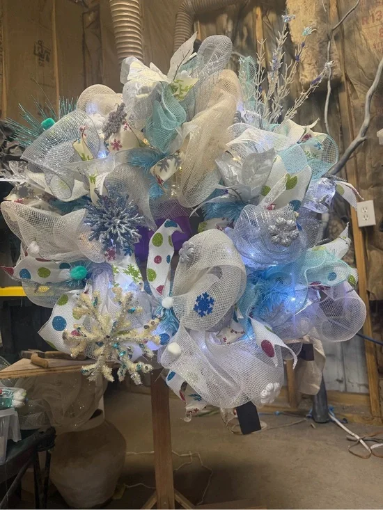 White & Teal Holiday Mesh Wreath with Snowflake Accents