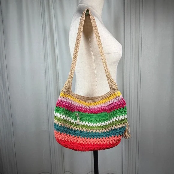 The Sak Casual Classics Small Hobo Crochet Striped Shoulder Bag Multicolor Boho